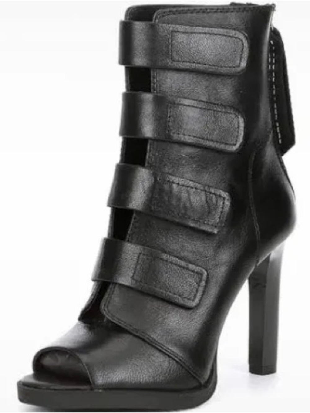 DKNY Black Leather Peep-Toe Strappy High-Heel Ankle Boot